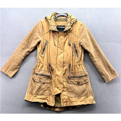 Zara Basic Coat Womens M Utility Field Jacket Tan Brown Hooded Cinched Waist