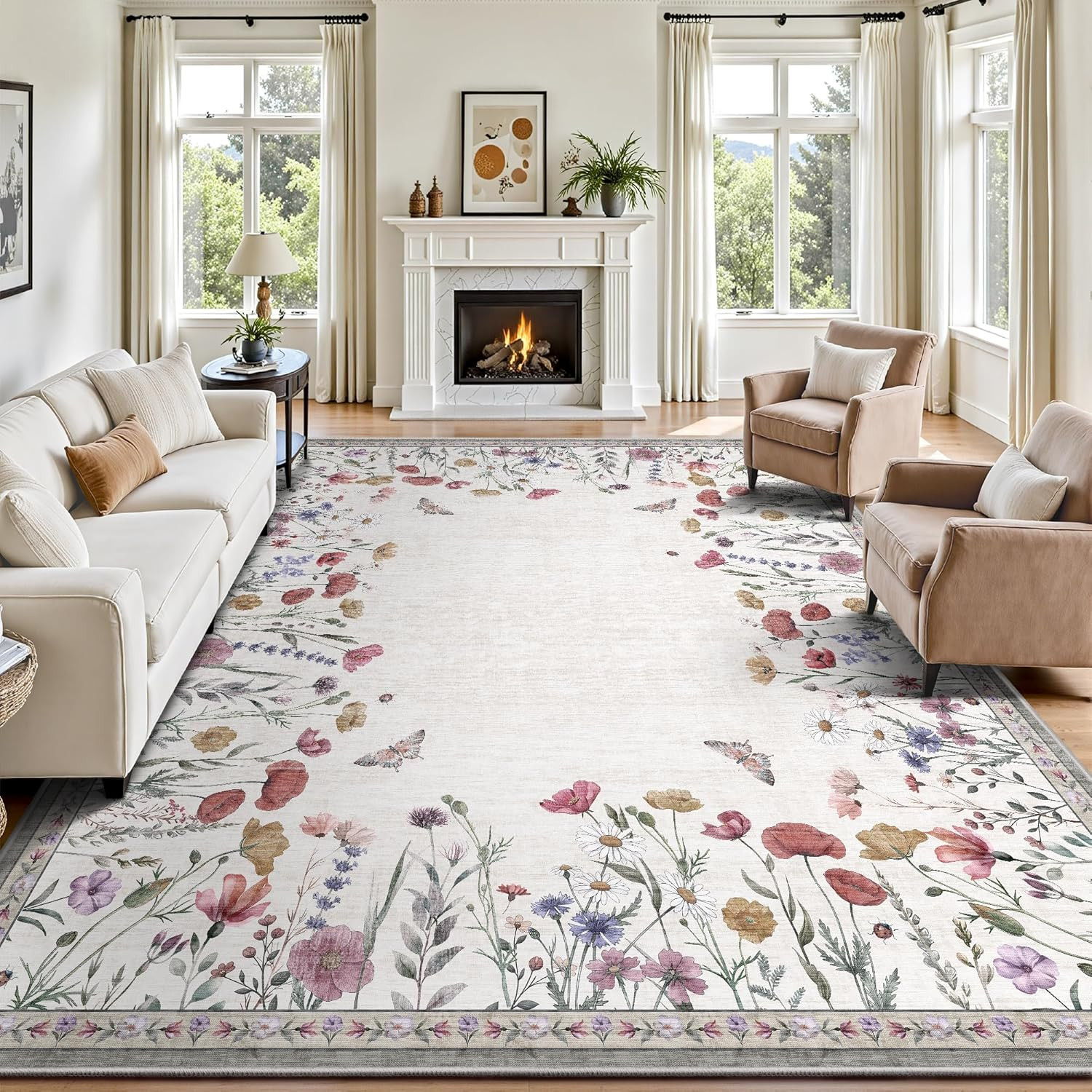 8X10 Area Rugs, Machine Washable Low Pile Floral Rugs for Living Room, Bedroom,