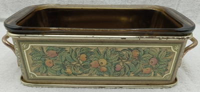 Pyrex Brown Glass Loaf Pan and Metal Holder Fruit Design 213 Vintage