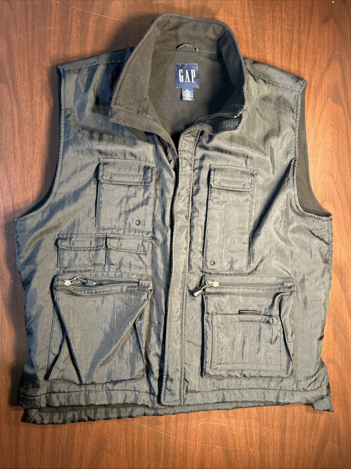 Vtg Gap Vest Black Nylon Utility Hiking Outdoor Fleece Lined Vest Men's Size XL