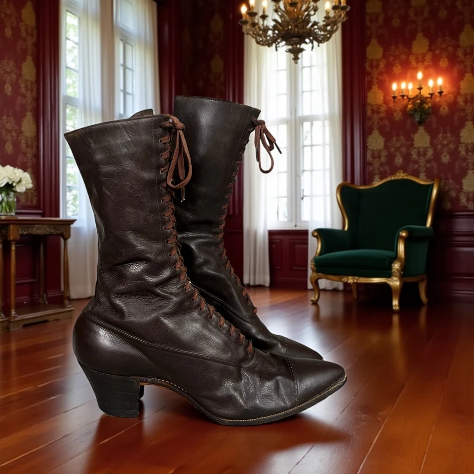 Botas victorianas antiguas vintage de cuero marrón para mujer altas con cordones de 10 1/4" de largo Foto 2 de 4