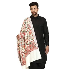 New Men's Kashmiri Aari Embroidered Wool Shawl, Color White