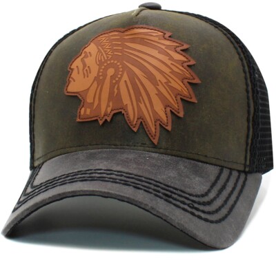 Native American Big Chief Meshback Trucker Style Cap Olive Green Hat by KB Ethos
