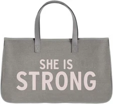 SHE IS STRONG Faithworks Canvas Tote Bag Santa Barbara Design Studio Grey NEW
