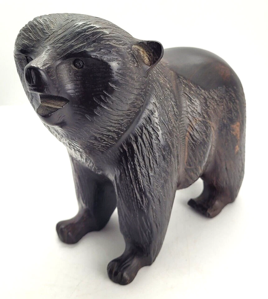 Beauty Wooden Carved Bear Brown Blackish Solid Figurine Heavy - Image 2 of 4