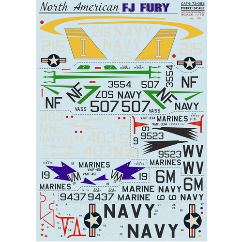 Print Scale 72-083 Decal airplane 1:72 North American FJ Fury Waterslide decals - Picture 10 of 24
