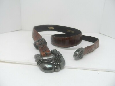 Vincenza Brown Calfskin Alligator Print Belt w/ Large Gold Hardware Vincenza Vintage Italian Calfskin Alligator Print Brown Belt  main image 3