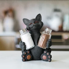 Whimsical Black Cat Salt & Pepper Shaker Holder Figurine Decorative Collectible