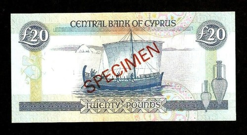 CYPRUS 20 POUNDS P-56 1992 Specimen A 000000 UNC EURO ART BOAT MONEY BANK NOTE - Picture 3 of 5