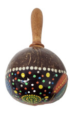 Vintage Natural Coconut Shell Maraca Hand Shaker Hand Painted African Folk Art