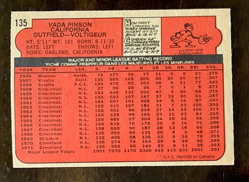 1972 VADA PINSON O-PEE-CHEE OPC CALIFORNIA ANGELS #135 - Picture 2 of 2