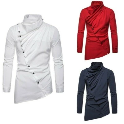 Herren Kleid Hemden Unregelmäßig Neigung Oberteile Langärmlig Heap Kragen - Bild 1 von 4
