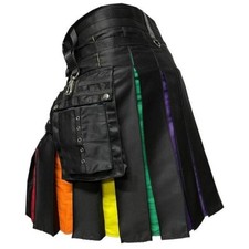 Men's Scottish Rainbow Kilt Hybrid Kilt Nylon Straps Black Cotton Utility Kilt