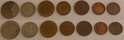 Germany, German Rep Fed - 7 Coins.  1 shower mark, 50, 10, 5, 2, 1 pfennig