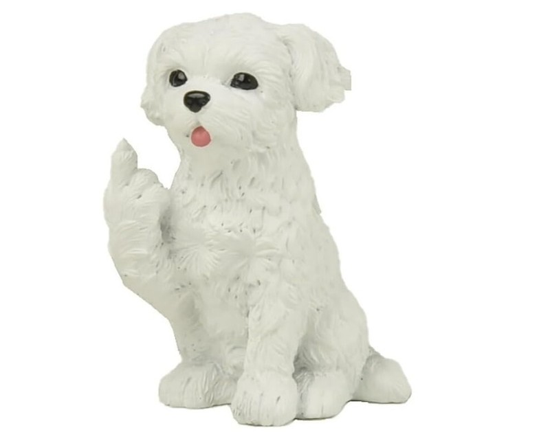 HOLIDAY GIFT - Maltese Puppy Raising Middle Finger Statue - BOLD MALTESE PUPPY