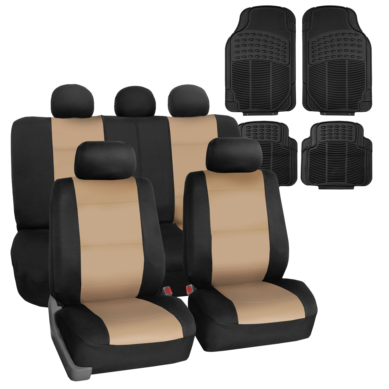 FH Group Universal Fit Neoprene Beige Car Seat Cover 5 Seater w/ Floor Mats