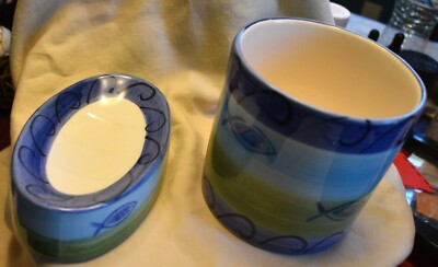 Bathroom accessories set ceramic Soap Dish & Cup. Fish Print-Blue, Green, White.