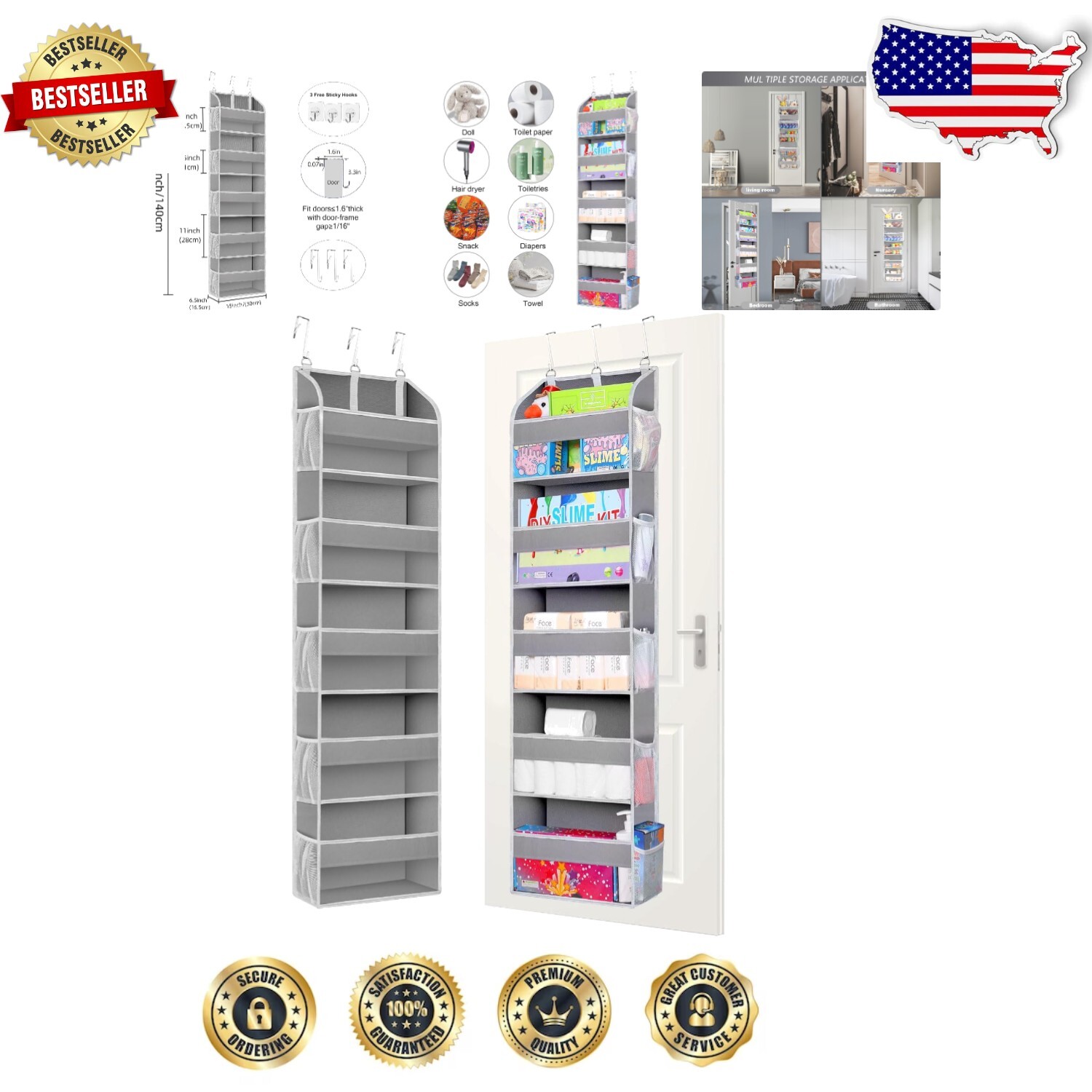 Multi-Purpose Door-Mount Storage Organizer - 2 Pack, 55 Inches Tall, Light Gray