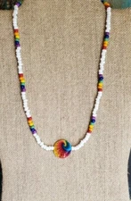 Rainbow Choker Beaded Necklace Hippie  Love 60s Pride Large Beads Glass - Swirl