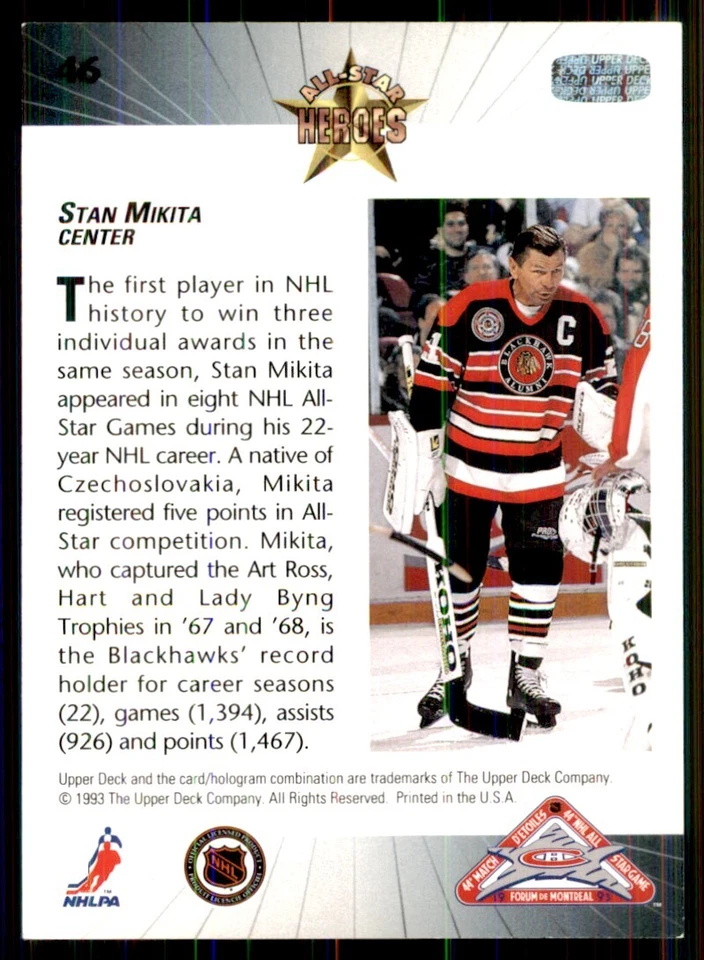 1992-93 Upper Deck - All-Stars Stan Mikita Chicago Blackhawks #46 - Image 2 of 2