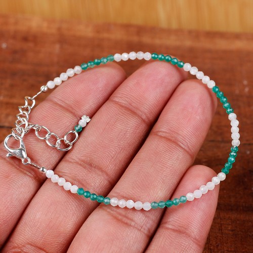 925 Sterlingsilber grün Onyx + weißer Mondstein 2 mm Armband + Halskette 7 Zoll/18 - Bild 13 von 14