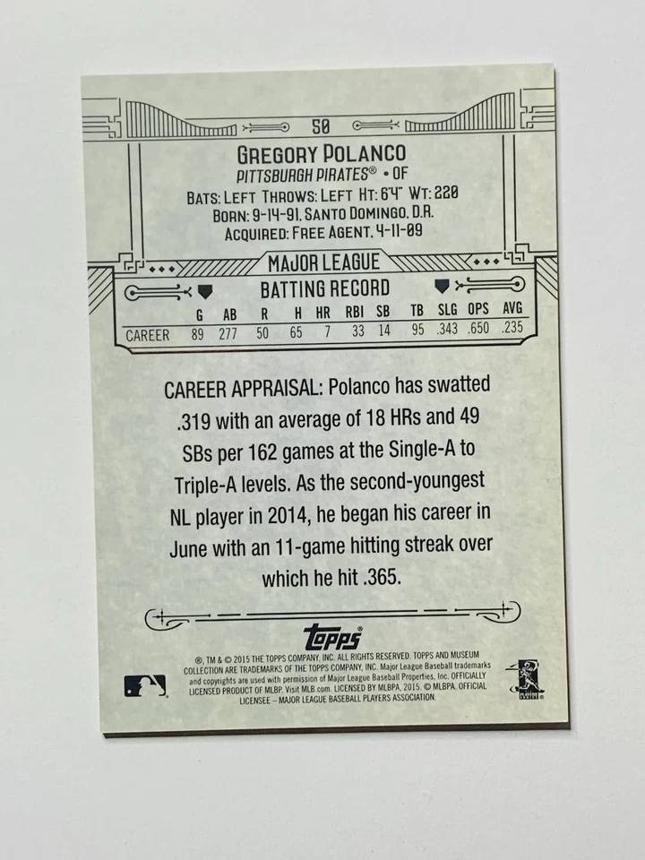 2015 Topps Museum Collection 50 Gregory Polanco Pittsburgh Pirates Copper - Image 2 of 2