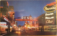 Reno, NV 1962 Chrome Postcard: Welcome Arch at Night - Nevada Nev