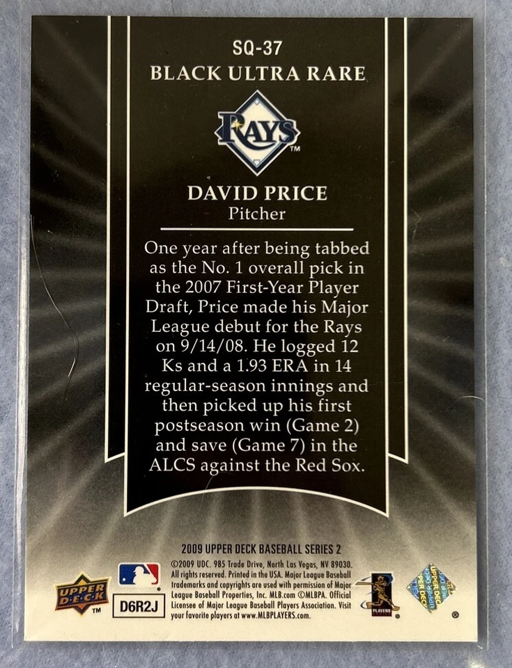 2009 Upper Deck Starquest Black Ultra Rare David Price #SQ-37 Tampa Bay Rays - Image 2 of 2
