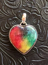 Artisan Solar Quartz Rainbow Heart Pendant Rope Bezel 1.5"