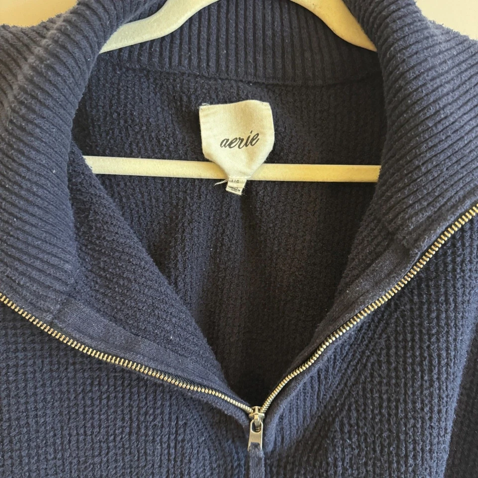 Womens Aerie Navy Blue Oversized 1/4 Zip Ribbed Sweater Size L VGUC  - Image 3 of 4