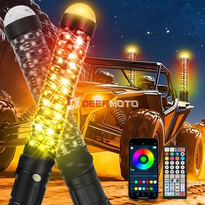 2Pcs 1FT LED RGB Fat Whip Light Antenna Chasing + Strobe Lights For ATV UTV SXS