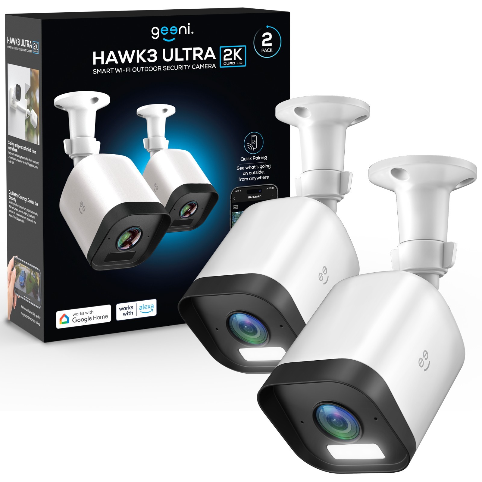 Geeni Hawk 3 Ultra 2K Wi-Fi Outdoor Cameras w Alexa Google Voice Control 2 Pack