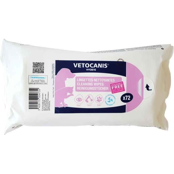 Lingettes nettoyantes VETOCANIS x72 grand format pour éliminer odeurs et boue