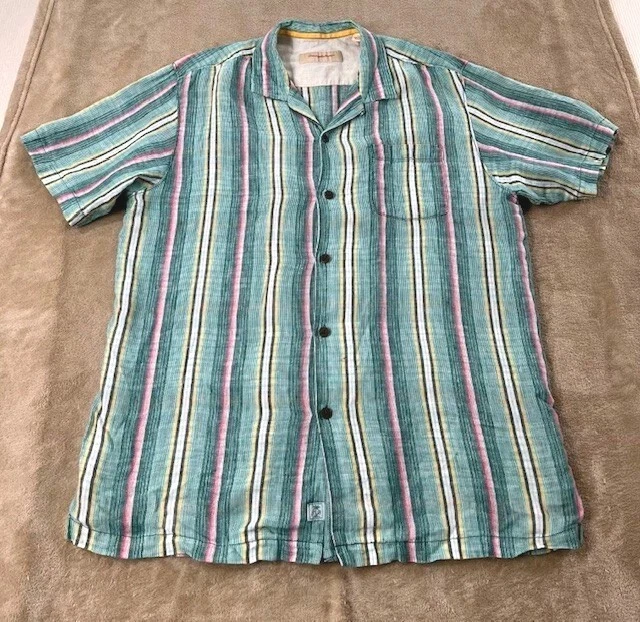 Tommy Bahama Shirt Men Size L Green 100% Linen Striped Short Sleeve Good