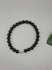 Black Onyx Bead Bracelet 14K Gold Clasp 8mm Beaded Classic Stretch Style