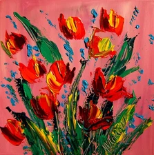 RED FLOWERS IMPRESSIONIST  ORIGINAL OIL  PAINTING  UefOdT