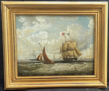 MID 19th Century SAILBOAT with CANNONS FLYING RED ENSIGN ANTIQUE OIL PAINTING