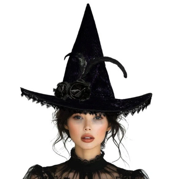 Halloween Púrpura Encaje Bruja Sombrero con Pluma y Rosa Mujer Bruja Disfraz Acceso Foto 3 de 3