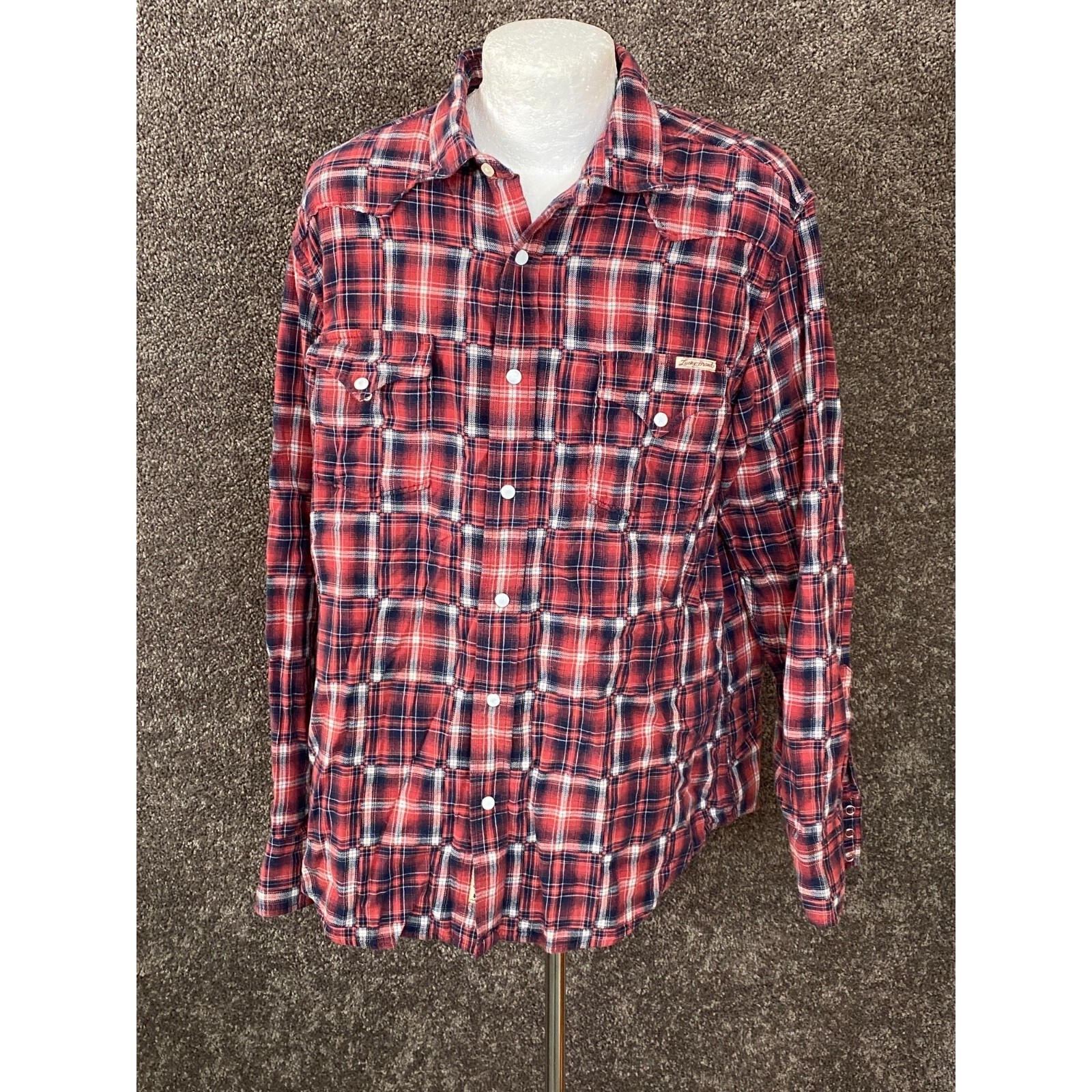 Lucky Brand Mens Red Blue Plaid Long Sleeve Western Snap Button Shirt XL Casual
