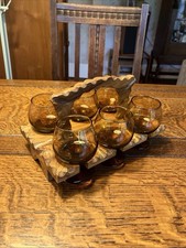 Vintage 60s Rustic Handcrafted Wooden Caddy 6 Amber-tinted Brandy Cognac Glasses