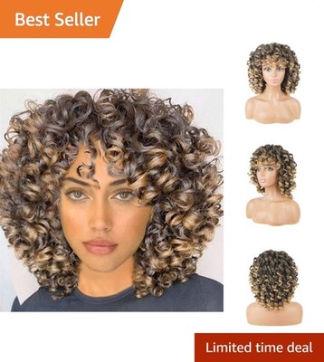 14-Inch Curly Ombre Wig with Bangs for Effortless Style - Ideal for Women