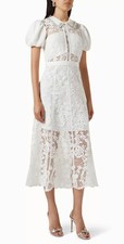 White Lace Diamante Embellished Glass & Faux Peal Collar Midi Dress Size XS