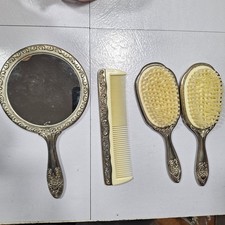 Vintage Vanity Mirror Brush Comb Set Sterling Silver Plated