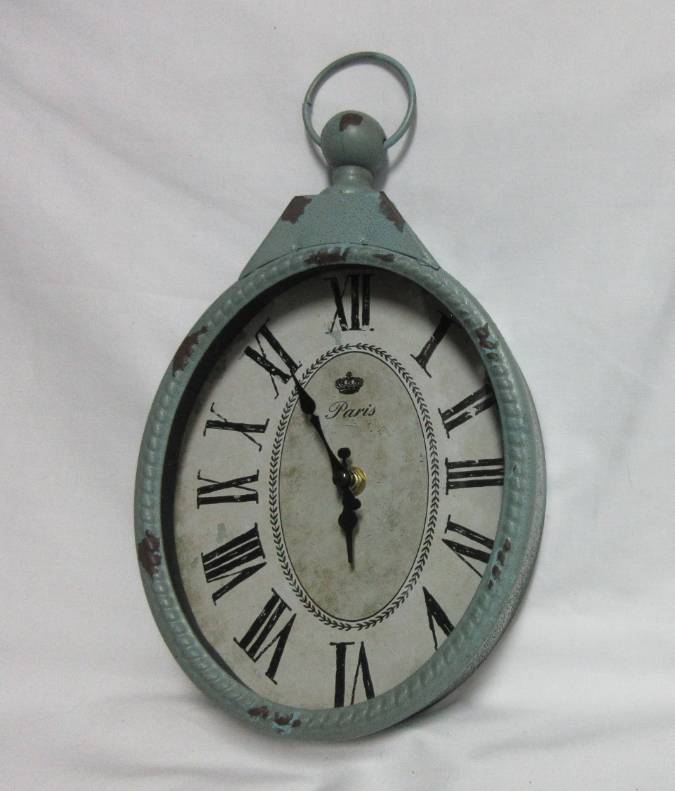 Distressed Duck Egg Blue Oval Paris Metal Wall Clock Battery Oper. Cottage Core