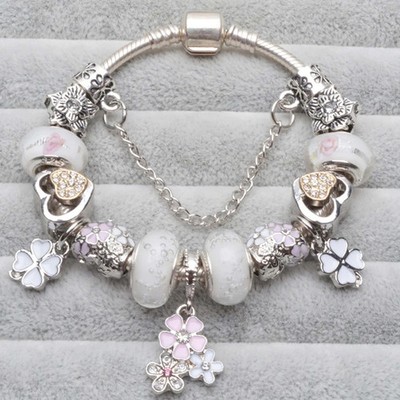 Crystal Heart Charm Bracelet Women White Beaded Cherry Blossom Classic Jewelry