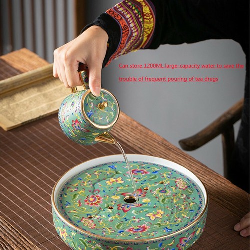 Kung Fu Tea Tray Serving Table Luxury Royal Enamel Ceramic Bowl Water Storage - Picture 8 of 16