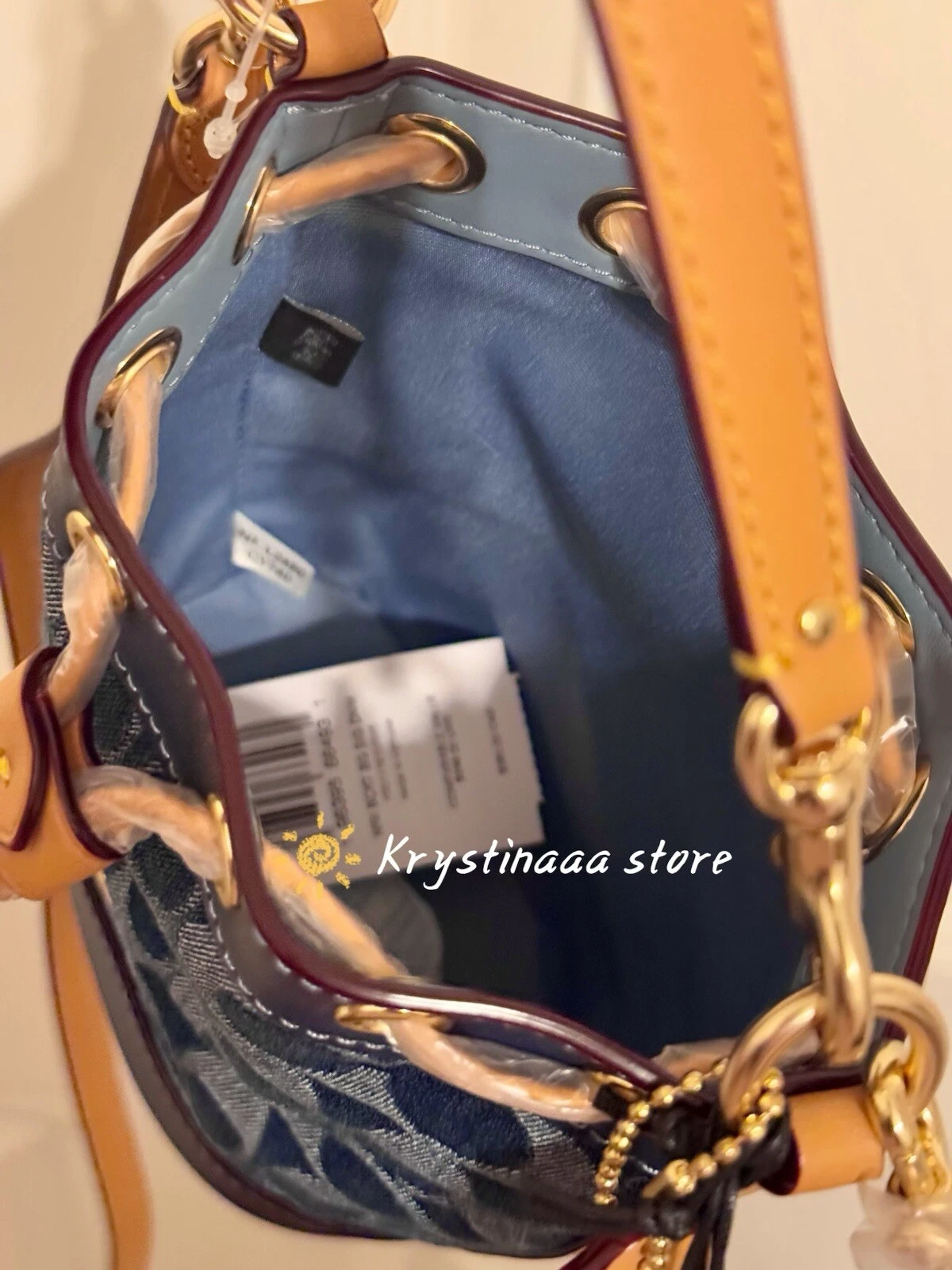 Coach Mini Borsa Secchiello In Denim Firmato CY740 Nuova Con Etichetta Con Charm Ciliegio