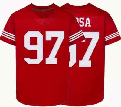 Retro Striped Men's # 97 American Football Embroidered Jersey, Red, XXL