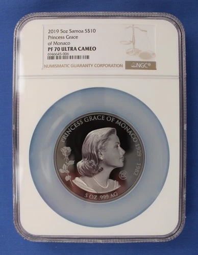 2019 Samoa 5oz Silver Proof $10 coin "Princess Grace of Monaco" NGC PF70 / COA