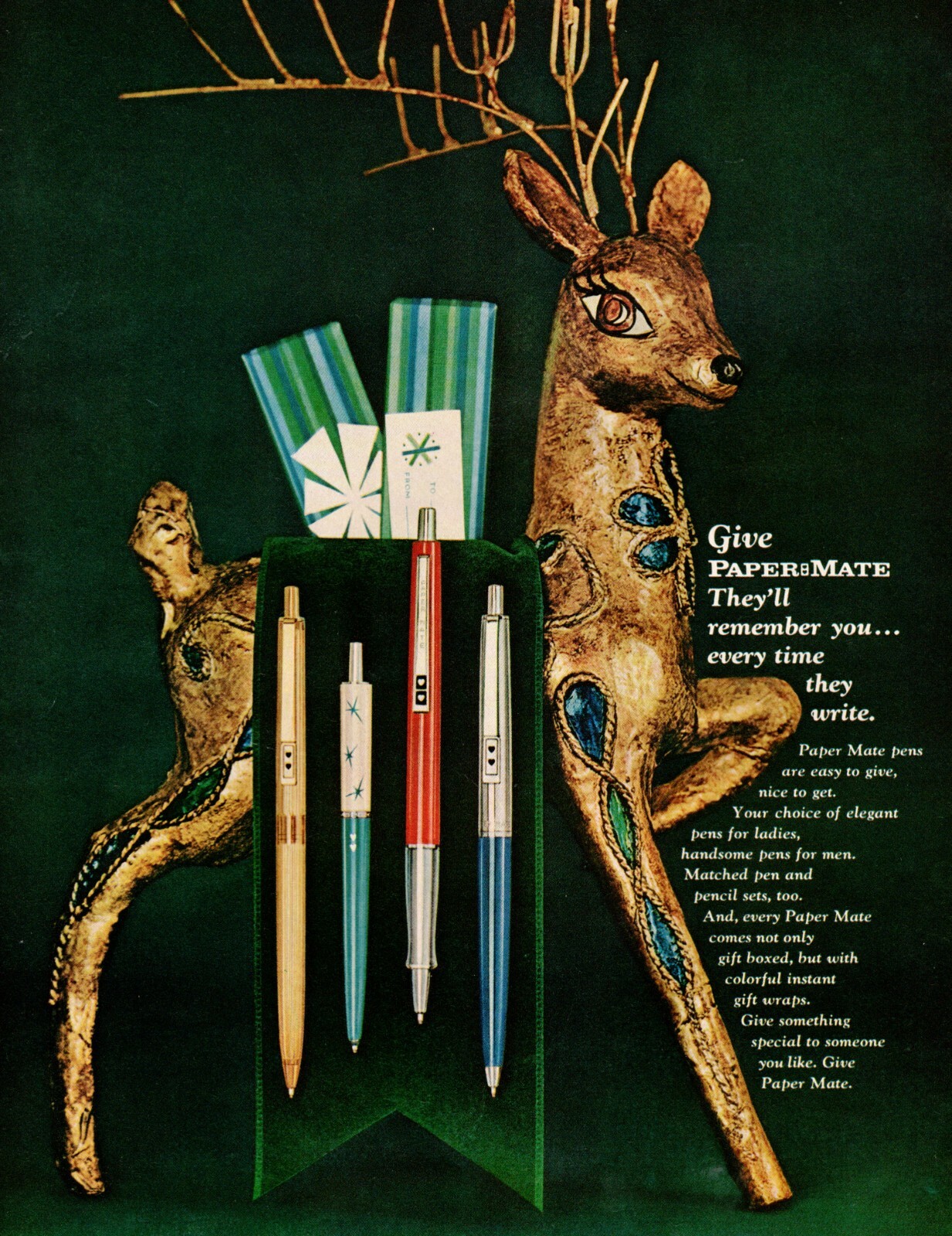 1960s Christmas AD Give PAPERMATE PENS , gold jeweled Reindeer 120721